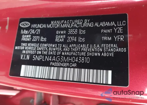 2021 Hyundai Elantra Sel from USA, damaged, VIN 5NPLN4AG3MH043810